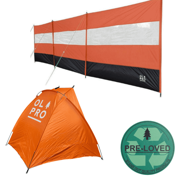 Pre-Loved Beach Tent Orange + Orange Compact Windbreak | Lightly Used, Hole in Tent Bag | OL146R + OL666R OLPRO