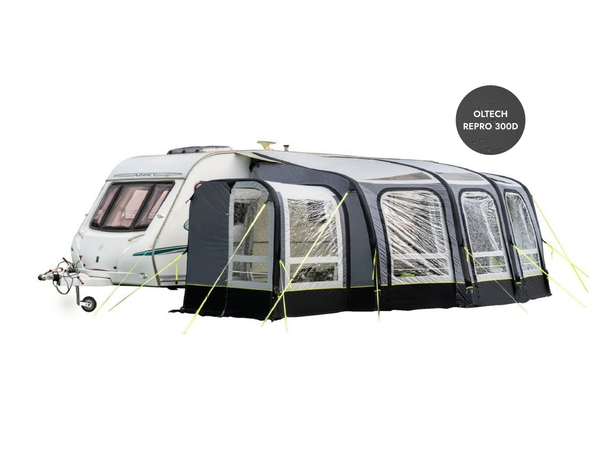 The OLPRO View PRO 420 Caravan Inflatable Porch Awning With Porch Extension attached to a caravan on a white background.