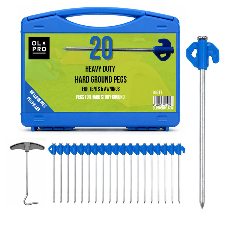 A case of 20 OLPRO Hard Ground Pegs, featuring a single peg and the accompanying peg puller, displayed.