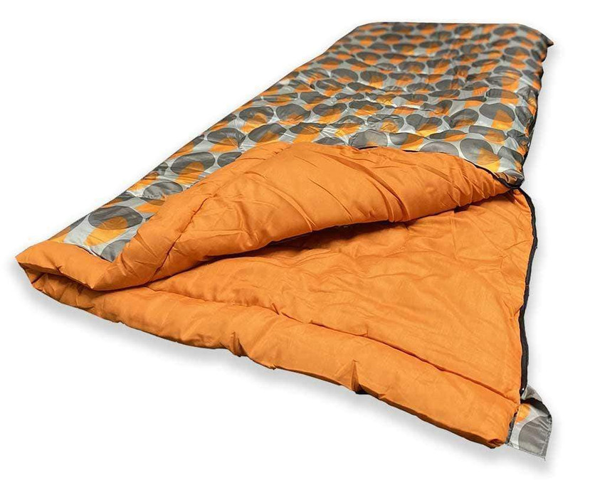 The OLPRO Dark Moon Pattern Single Sleeping Bag on a white back ground slightly zipped open.
