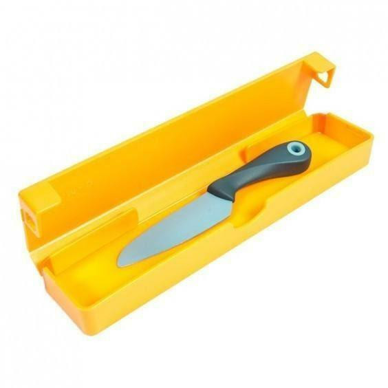 Happy Cutting - Compact Chopping Board by OLPRO, the Yellow Chopping pictured with a large knife to illustrate the chopping Board also stores knives away for safety as well as easy storage in half folded position.