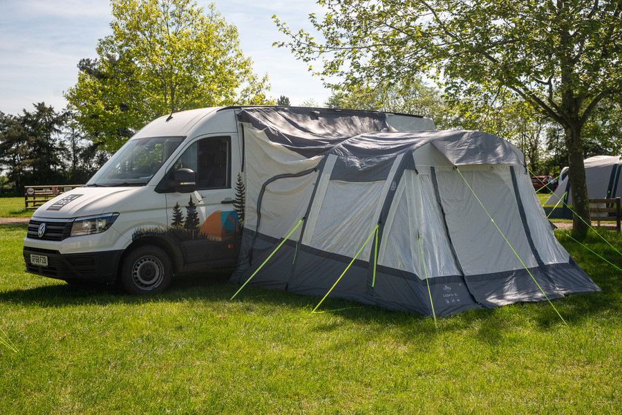 The Loopo Breeze® XL v2 Motorhome Awning on a Volkswagen Crafter Campervan with, the awnings doors are shut
