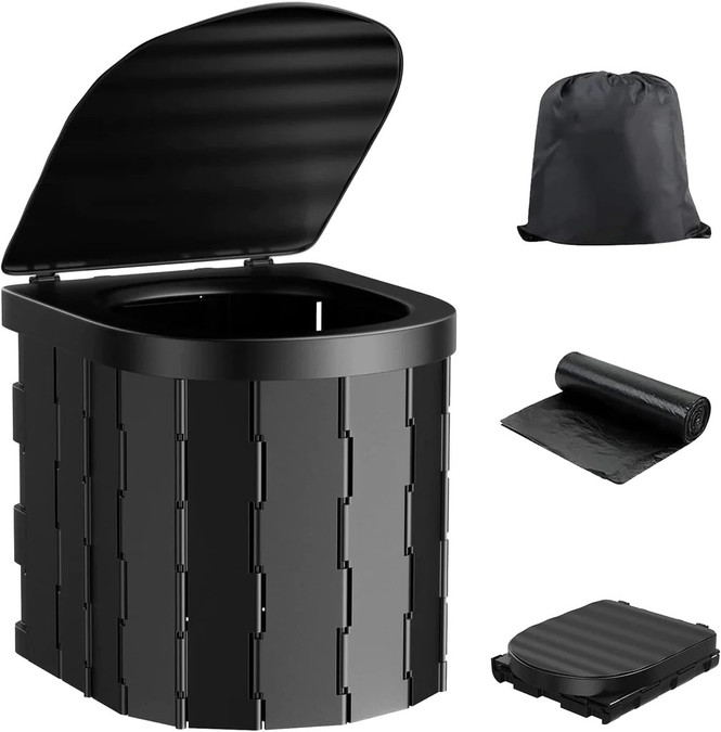 A white background image of the Folding Camping Toilet from OLPRO pictured in its different stages.