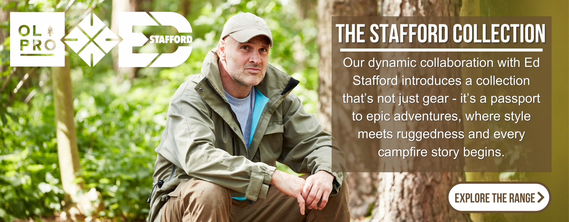 Adventurer Ed Stafford sits in front of a forest backdrop. OLPRO x Ed Stafford Logo in the corner