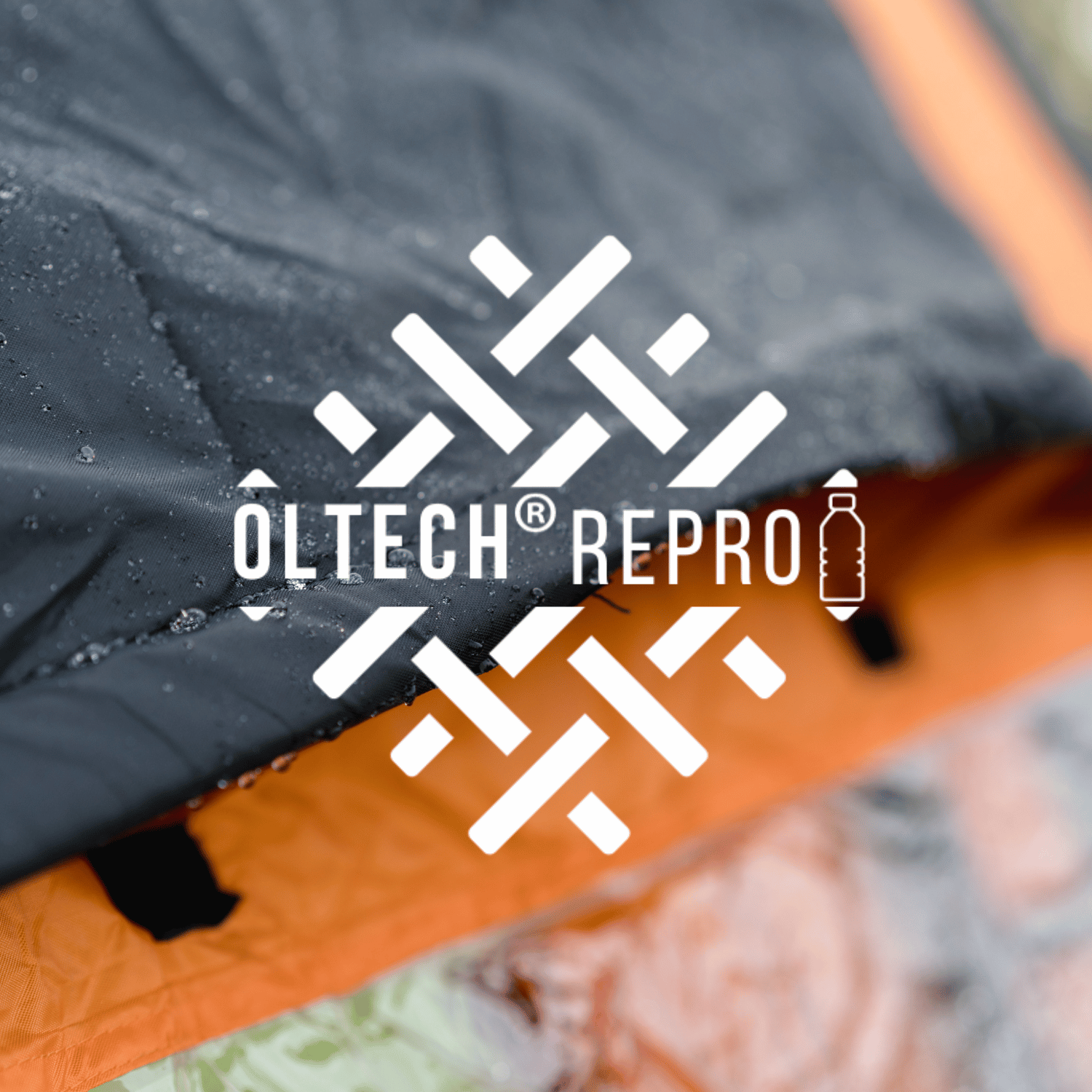 Close up of an OLPRO tent vent with rain running off, above it is the OLTECH REPRO logo