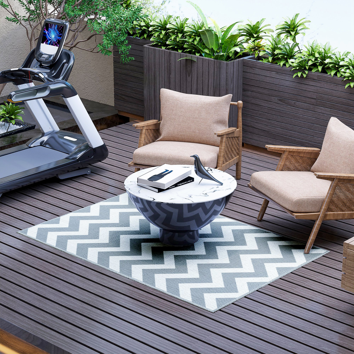 Outdoor Rug, 1.2 x 1.8m Patio Floor Mat - Grey & White
