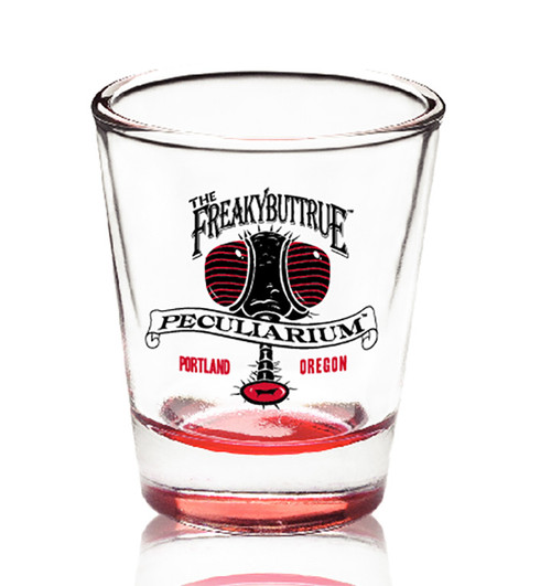 The original Freakybuttrue Peculiarium logo in black and red, on a proper shot glass. 4 or 5 people who drink liquids recommend these glasses, and so do we. The original Freakybuttrue Peculiarium logo in black and red, on a proper shot glass. 4 or 5 people who drink liquids recommend these glasses, and so do we.