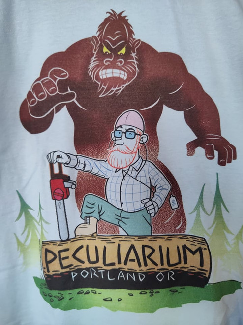 Hipster lumberjack with Bigfoot! Art by Mike Wellins printed on a soft and comfy white new Gildan 100% cotton T-shirt.