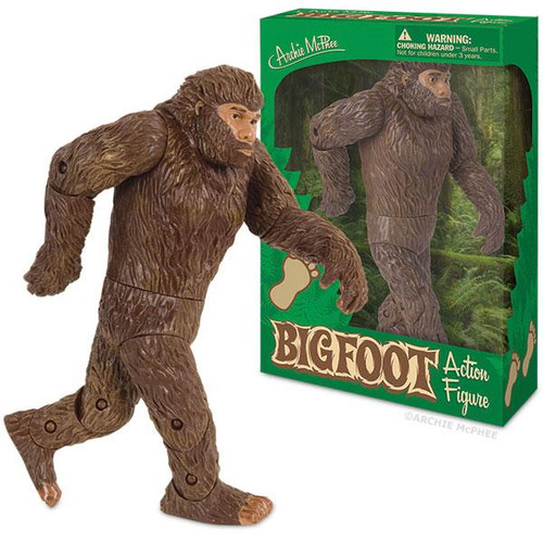 Action figure of Bigfoot made from hard vinyl. 7-1/4" tall and comes in a box with a serene forest backdrop.