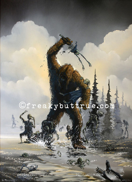 This is a print from an original NERC painting by Mike Wellins, and Unknown. Wellins is co-creator of the Peculiarium. Mike starts with "thrift shop" painting and modifies it.