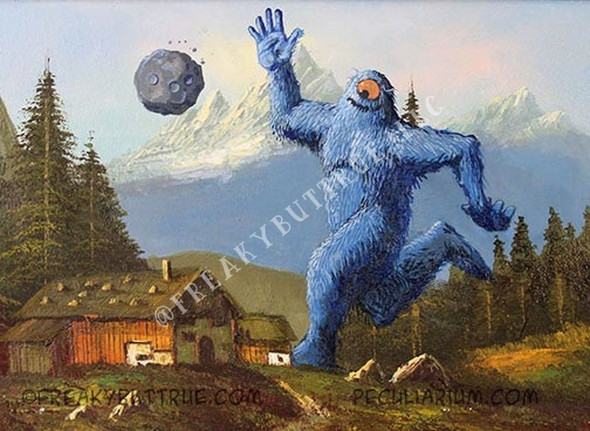 This is a print from an original NERC painting by Mike Wellins, and Unknown. Wellins is co-creator of the Peculiarium. Mike starts with "thrift shop" painting and modifies it.