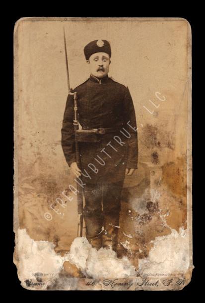 A postcard version of Colin Batty's original cabinet card, "Shredded Soldier."