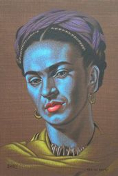 Blue Frida Kahlo postcard, by Colin Batty.