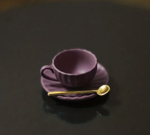 Miniature teacup set: cup, saucer, spoon. Purple (Drawer 8)