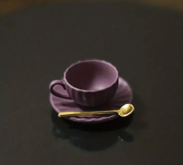 Miniature teacup set: cup, saucer, spoon. Purple