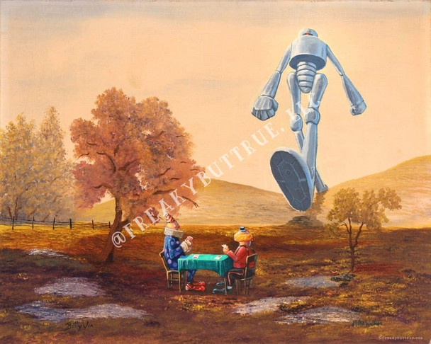 This is a print from an original NERC painting by Mike Wellins, and Unknown. Wellins is co-creator of the Peculiarium. Mike starts with "thrift shop" painting and modifies it.