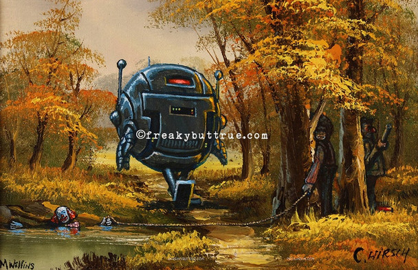 This is a print from an original NERC painting by Mike Wellins, and Unknown. Wellins is co-creator of the Peculiarium. Mike starts with "thrift shop" painting and modifies it.