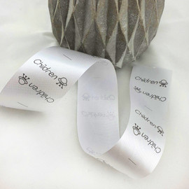 Silver grey satin ribbon garment labels with black ink