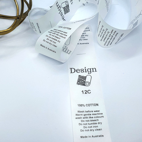 Microfibre garment labels with care instructions and sizes