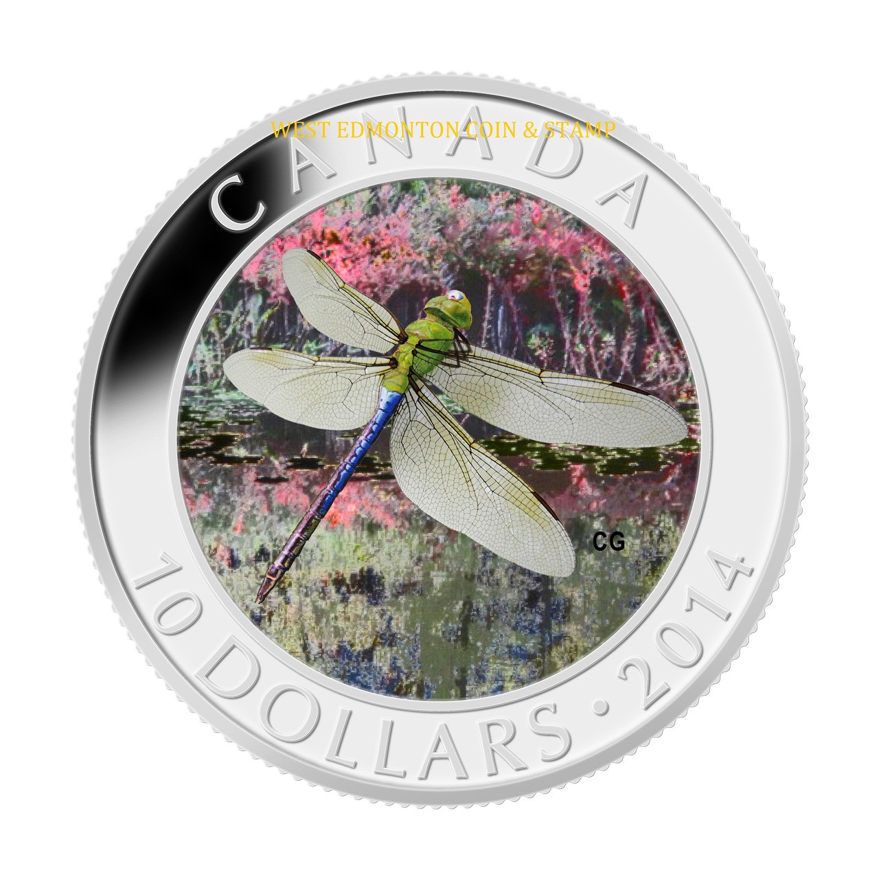 2014 $10 FINE SILVER COIN - DRAGONFLY - GREEN DARNER - West