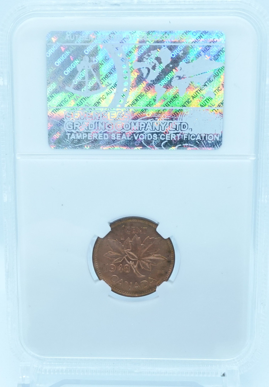 1948 1 CENT CANADA “A” POINTS TO LARGE DENTICLE – MS 63 – GRADED