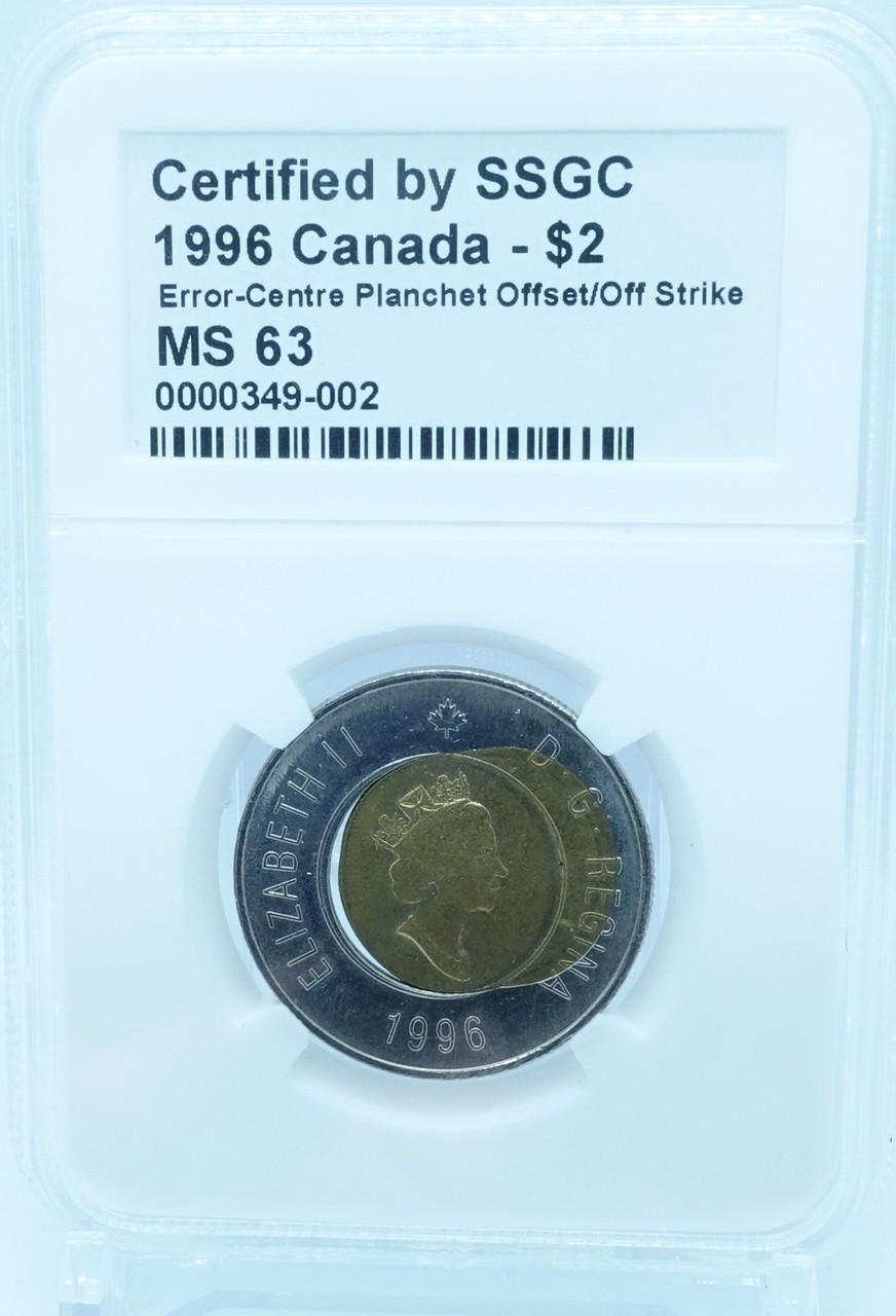 1996 $2 CANADA – ERROR-CENTRE PLANCHET OFFSET/OFF STRIKE