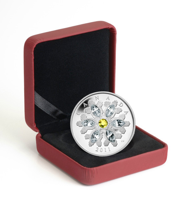 2011 FINE SILVER $20 COIN - CRYSTAL SNOWFLAKE - TOPAZ - West 2011 FINE SILVER $20 COIN - CRYSTAL SNOWFLAKE - TOPAZ - West