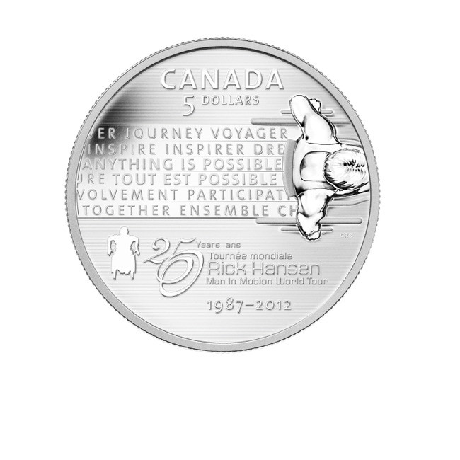 2012 $5 FINE SILVER COIN - 25TH ANNIVERSARY - RICK HANSEN TOUR