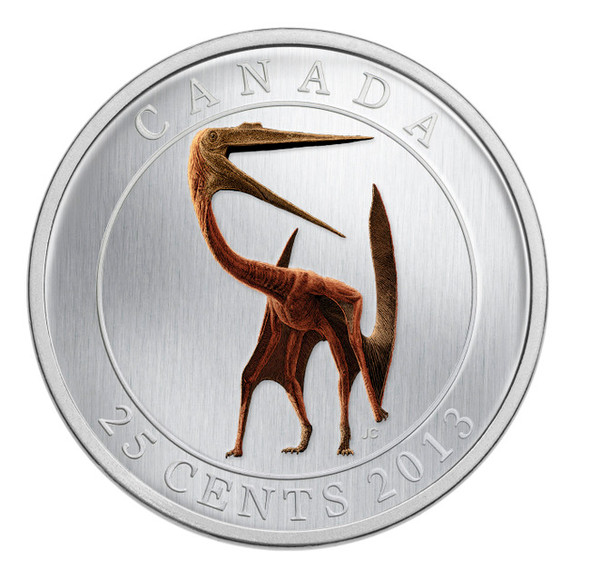 2013 25-CENT GLOW IN THE DARK COLOURED COIN - PREHISTORIC ANIMALS - QUETZALCOATLUS DINOSAUR