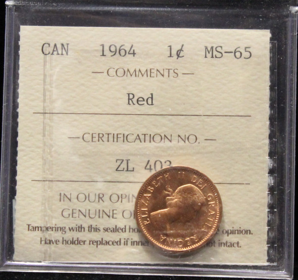 1964 CANADIAN ONE CENT ICCS MS - 65 (RED)