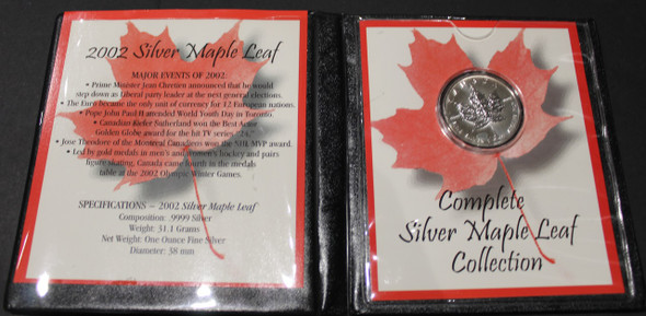 E-TRANSFER ONLY  2002 SILVER MAPLE LEAF - .9999 1OZ. PURE SILVER - FIRST COMMEMORATIVE MINT FOLDER