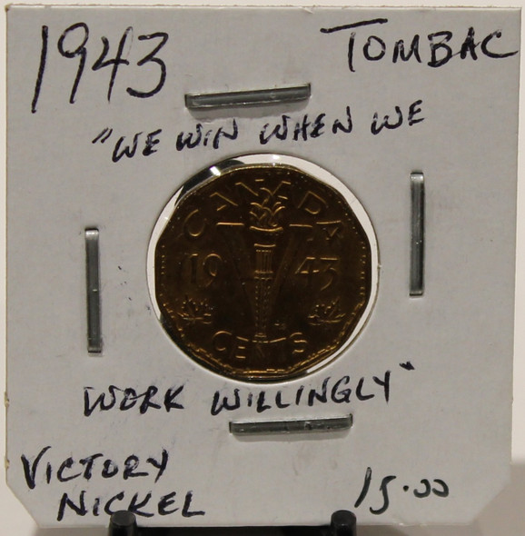 1943 CANADIAN FIVE- CENT - VICTORY NICKEL - TOMBAC - UNGRADED - AS PICTURED