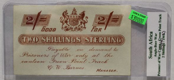 SOUTH AFRICA P.O.W. TWO SHILLINGS STERLING - GREEN POINT TRACK - BOER WAR 1898-1902