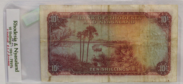 RHODESIA & NYASALAND TEN SHILLING BANKNOTE - DATED JAN 25 1961 - P 20b