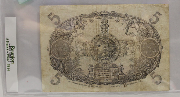REUNION 5 FRANC BANKNOTE - LEGISLATED 1901 - DATED 1912-1944 - P 14