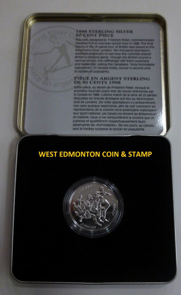 1998 STERLING SILVER 50-CENT PIECE - FIRST OVERSEAS CANADIAN SOCCER TOUR