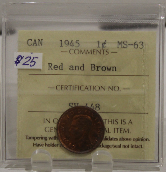 1945 CIRCULATION 1-CENT COIN - BROWN AND RED - MS-63