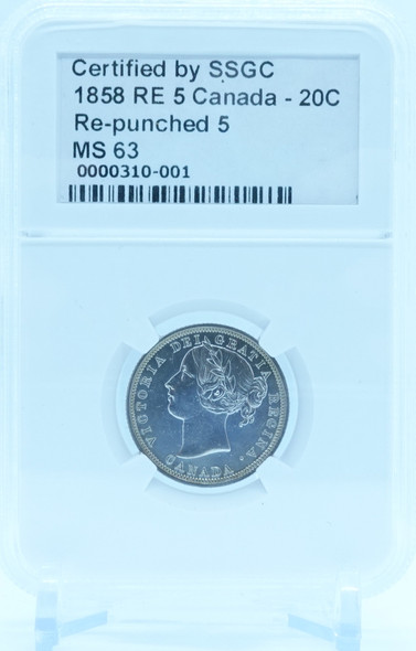 1858 20 CENT CANADA RE 5 RE-PUNCHED 5 – MS 63 – GRADED 