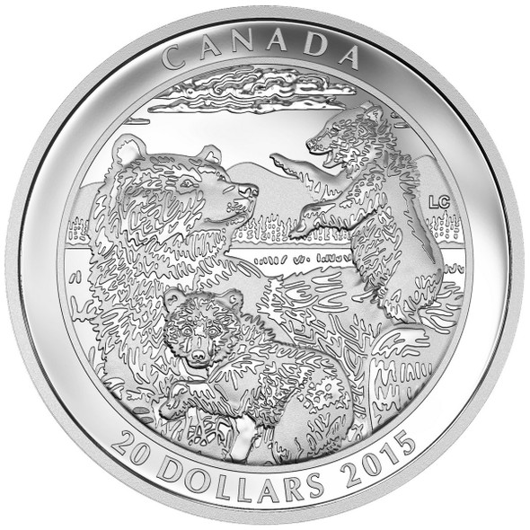 2015 $20 FINE SILVER COIN GRIZZLY BEAR: FAMILY