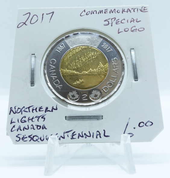 2017 CIRCULATION CANADIAN TOONIE COMMEMORATIVE SPECIAL LOGO NORTHERN LIGHTS CANADA SESQUICENTENNIAL