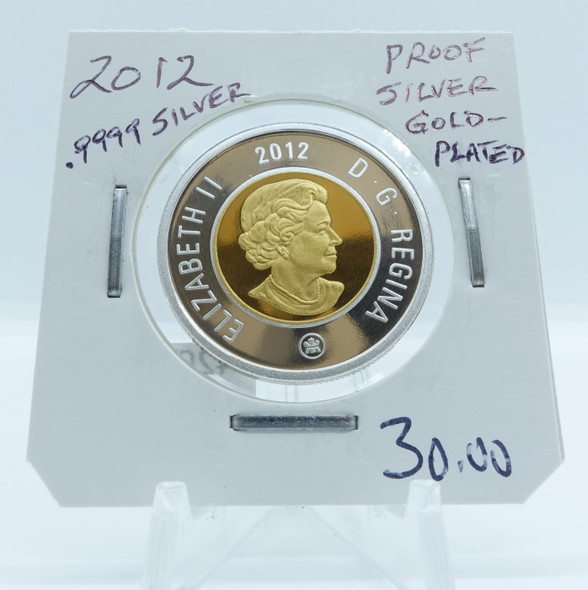 2012 CIRCULATION CANADIAN TOONIE .9999 PROOF SILVER GOLD-PLATED