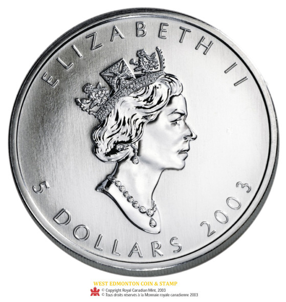 2003 1OZ FINE SILVER - MAPLE LEAF COLOURED COIN (NO SLEEVE)