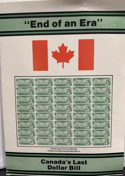 $1 CANADIAN DOLLAR BILL "END OF AN ERA" UNCUT FOUR BILL SHEET