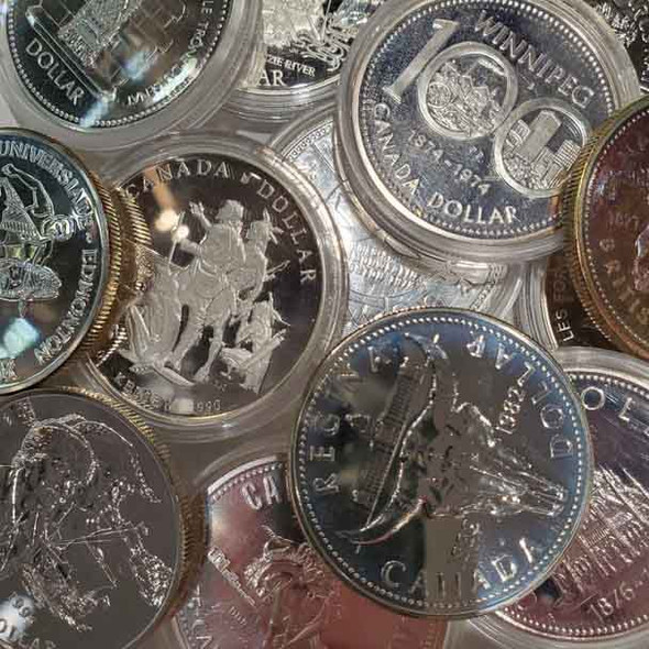E-TRANSFER ONLY  100 MIXED CANADIAN SILVER DOLLARS (1971-1991) (3.75oz. SILVER)