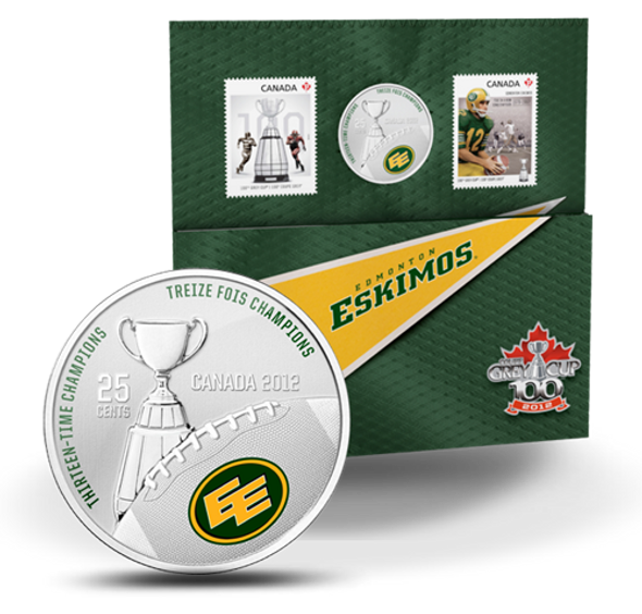 2012 25c THE EDMONTON ESKIMOS COLOURED COIN AND STAMP SET