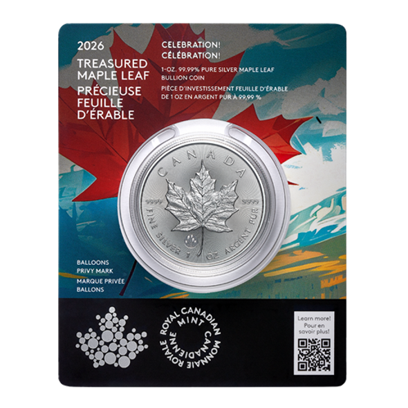 2026 $5 TREASURED MAPLE LEAF: CELEBRATION - 1 OZ PURE SILVER  BULLION COIN