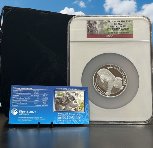 E-TRANSFER ONLY - 2012P 5oz $8 AUSTRALIA KOALA FIRST RELEASES PF70 ULTRA CAMEO NGC GRADED FINE SILVER COIN