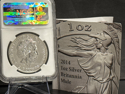 E-TRANSFER ONLY - 2014 1oz £2 GREAT BRITAIN BRITANNIA LUNAR HORSE OBVERSE-MULE MS69 PL GRADED FINE SILVER COIN