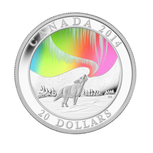 2014 $20 FINE SILVER HOLOGRAM COIN - A STORY OF THE NORTHERN LIGHTS: HOWLING WOLF