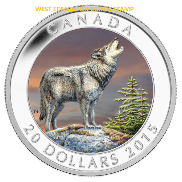 2015 $20 FINE SILVER COIN COLOURIZED WOLF